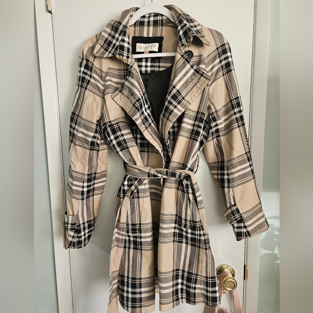 Beige and Black Plaid Trench Coat